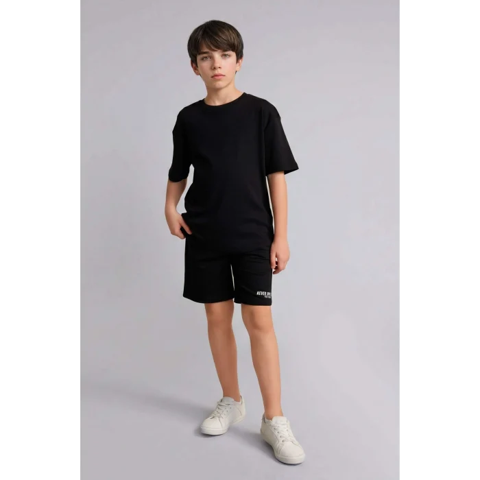 Defacto H7915A8BK81 Siyah Oversıze Slogan Baskılı Sweatshirt Kumaşı Şort Erkek Çocuk