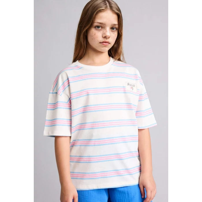 Defacto H7238A8PN171 Pembe Bisiklet Yaka Kısa Kollu Çizgili Pembe Tişört Kız Çocuk