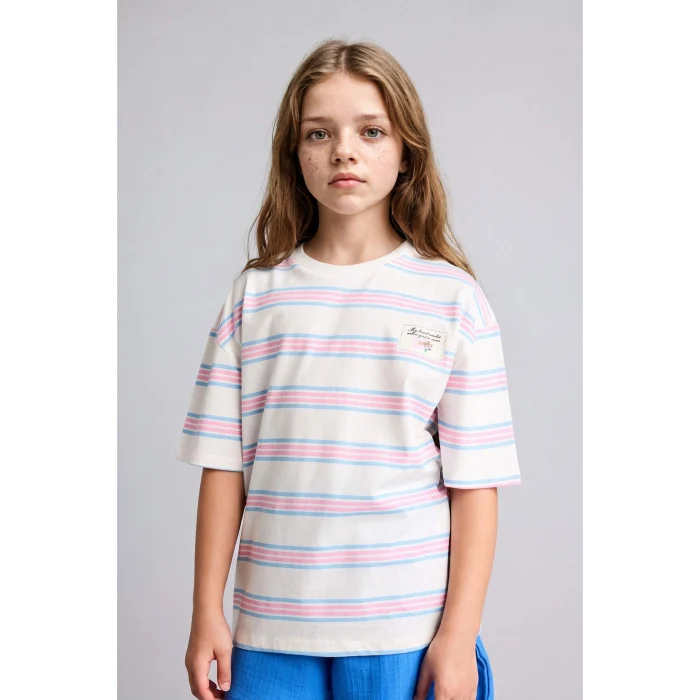 Defacto H7238A8PN171 Pembe Bisiklet Yaka Kısa Kollu Çizgili Pembe Tişört Kız Çocuk