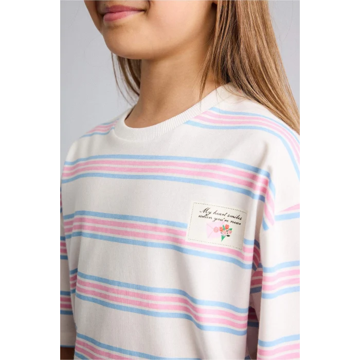 Defacto H7238A8PN171 Pembe Bisiklet Yaka Kısa Kollu Çizgili Pembe Tişört Kız Çocuk