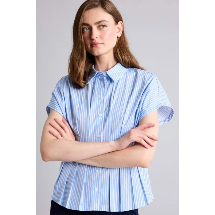 Defacto H7941AXBE552 Mavi Fıtted Çizgili Poplin Kısa Kollu Mavi Gömlek
