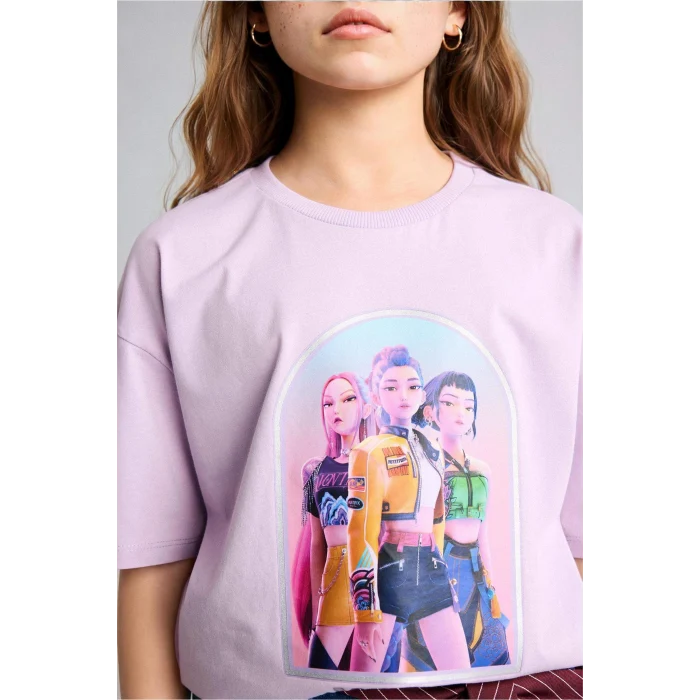 Defacto H9476A8PR143 Mor Kpop - Demon Hunters Oversıze Bisiklet Yaka Kısa Kollu Tişört Kız Çocuk