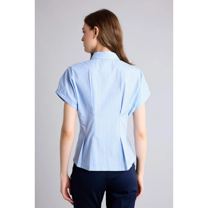 Defacto H7941AXBE552 Mavi Fıtted Çizgili Poplin Kısa Kollu Mavi Gömlek