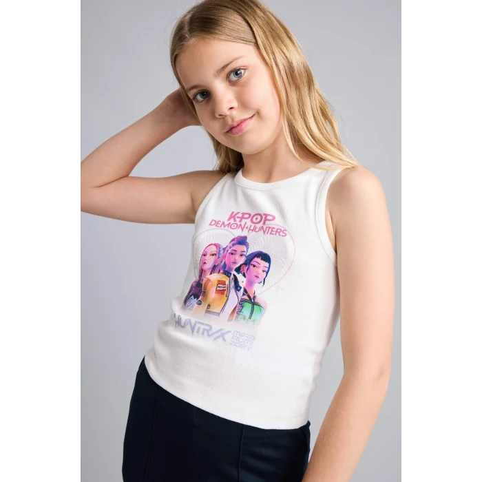 Defacto H9479A8ER105 Ekru Kpop - Demon Hunters Bisiklet Yaka Ecru Atlet Kız Çocuk