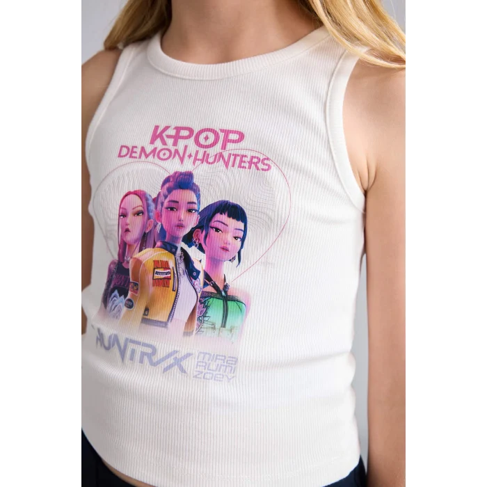 Defacto H9479A8ER105 Ekru Kpop - Demon Hunters Bisiklet Yaka Ecru Atlet Kız Çocuk