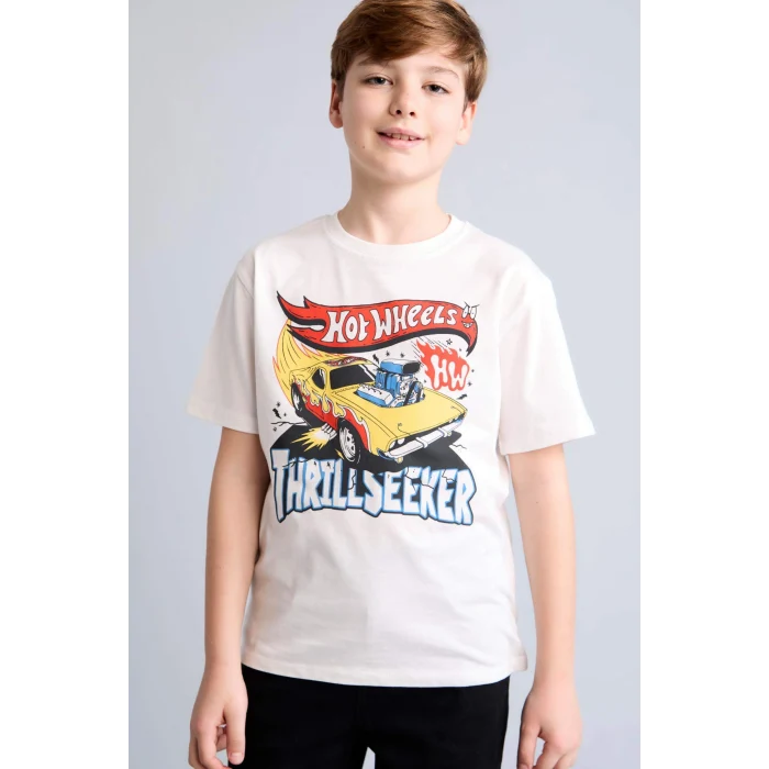 Defacto H8313A8ER105 Ekru Hot Wheels Oversıze Bisiklet Yaka Kısa Kollu Ecru Tişört Erkek Çocuk
