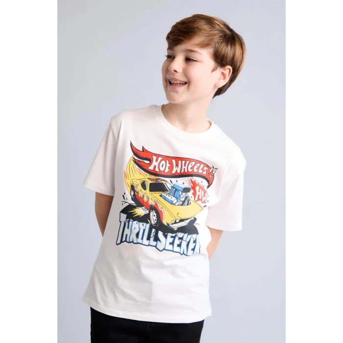 Defacto H8313A8ER105 Ekru Hot Wheels Oversıze Bisiklet Yaka Kısa Kollu Ecru Tişört Erkek Çocuk