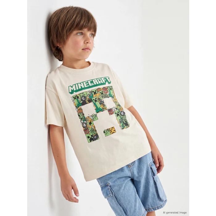 LCW Kids Bej Bisiklet Yaka Minecraft Baskılı Erkek Çocuk Tişört