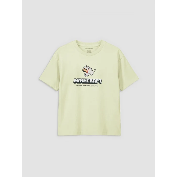 LCW Kids Yeşil Bisiklet Yaka Minecraft Baskılı Erkek Çocuk Tişört