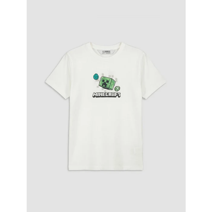 LCW Kids Beyaz Bisiklet Yaka Minecraft Baskılı Erkek Çocuk Tişört