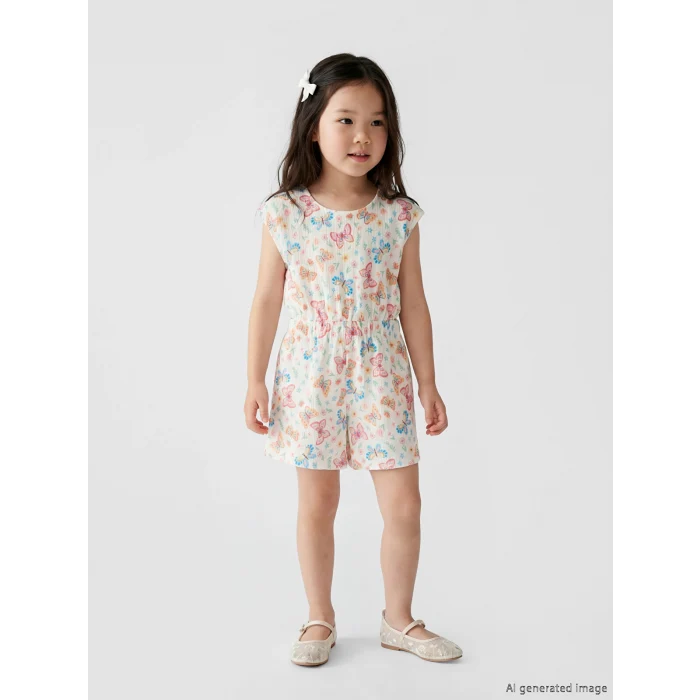 LCW Kids Ekru Kelebek Desenli Kız Çocuk Şortlu Tulum