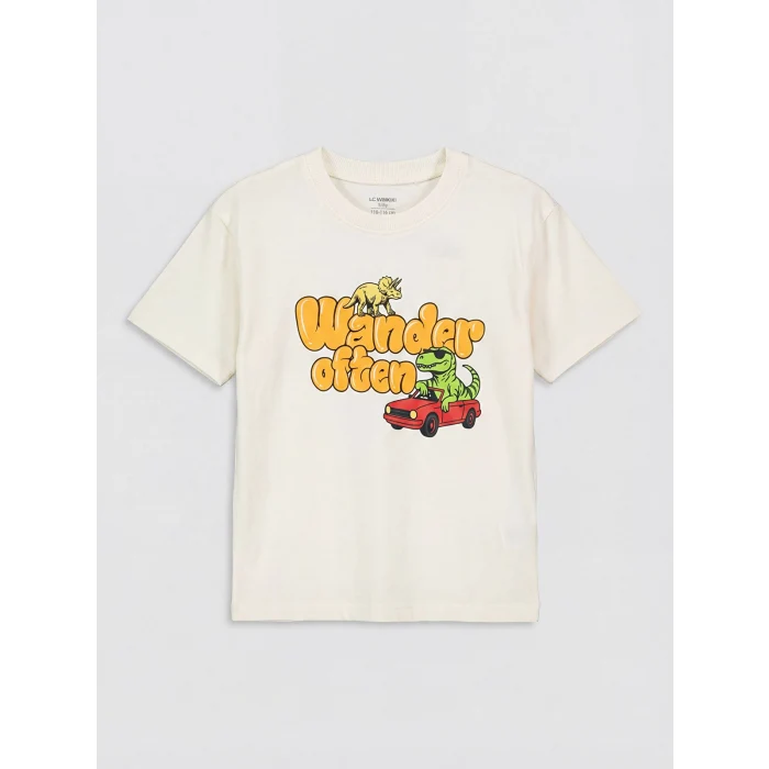 LCW Kids Bej Bisiklet Yaka Baskılı Erkek Çocuk Tişört