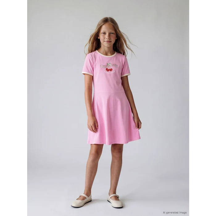LCW Kids Pembe Bisiklet Yaka Baskılı Kız Çocuk Elbise