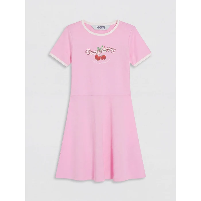 LCW Kids Pembe Bisiklet Yaka Baskılı Kız Çocuk Elbise