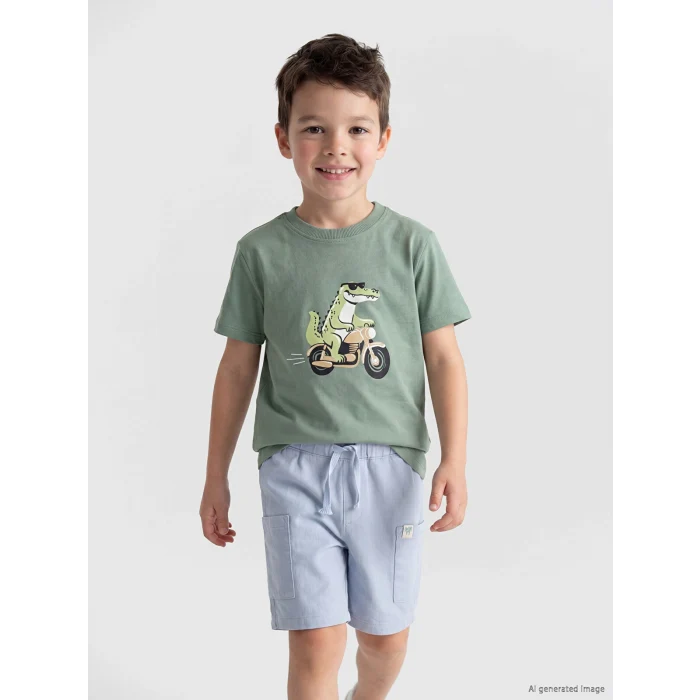 LCW Kids Yeşil Bisiklet Yaka Baskılı Erkek Çocuk Tişört