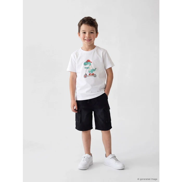 LCW Kids Beyaz Bisiklet Yaka Baskılı Erkek Çocuk Tişört