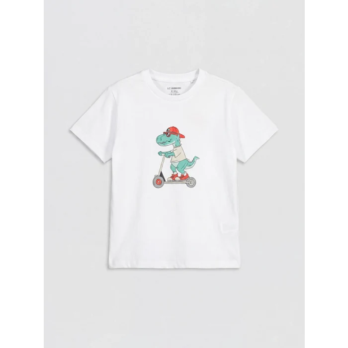 LCW Kids Beyaz Bisiklet Yaka Baskılı Erkek Çocuk Tişört