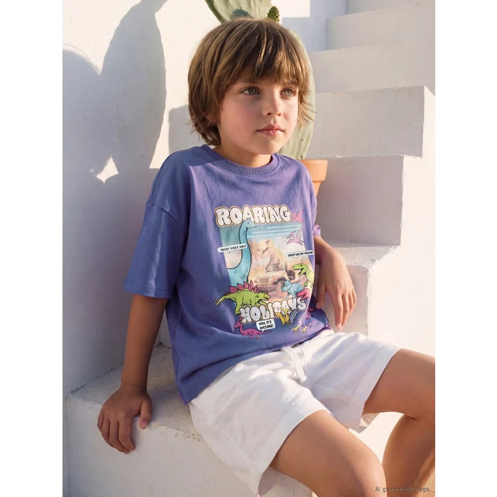 LCW Kids Mor Bisiklet Yaka Baskılı Erkek Çocuk Tişört