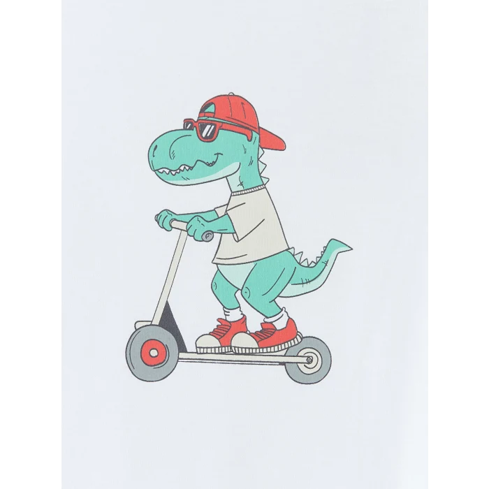 LCW Kids Beyaz Bisiklet Yaka Baskılı Erkek Çocuk Tişört