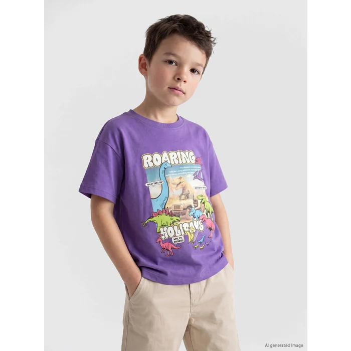 LCW Kids Mor Bisiklet Yaka Baskılı Erkek Çocuk Tişört