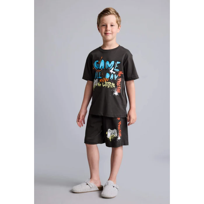 Defacto H5400A8AR220 Antrasit %100 Pamuk 2li Pijama Takımı Kısa Kollu Pijama Üstü Şort Pijama Altı Erkek Çocuk