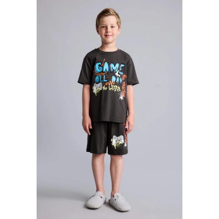 Defacto H5400A8AR220 Antrasit %100 Pamuk 2li Pijama Takımı Kısa Kollu Pijama Üstü Şort Pijama Altı Erkek Çocuk