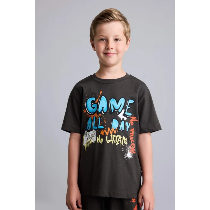 Defacto H5400A8AR220 Antrasit %100 Pamuk 2li Pijama Takımı Kısa Kollu Pijama Üstü Şort Pijama Altı Erkek Çocuk