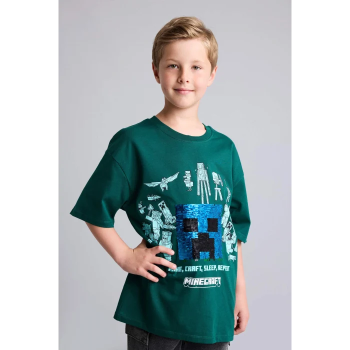 Defacto H8262A8GN516 Yeşil Minecraft Lisanslı Oversıze 3D Baskılı Bisiklet Yaka Kısa Kollu Yeşil Tişört Erkek Çocuk