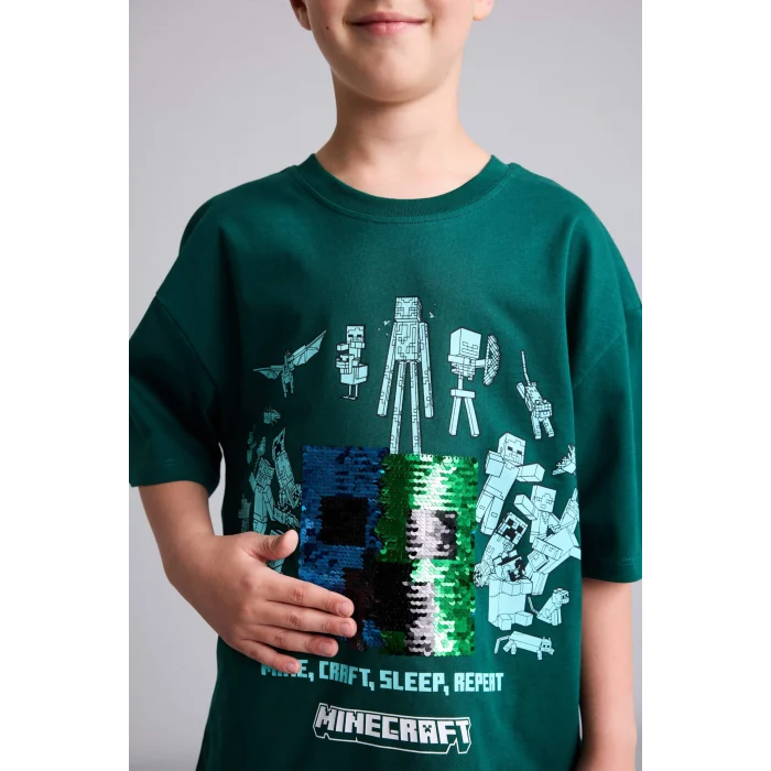 Defacto H8262A8GN516 Yeşil Minecraft Lisanslı Oversıze 3D Baskılı Bisiklet Yaka Kısa Kollu Yeşil Tişört Erkek Çocuk