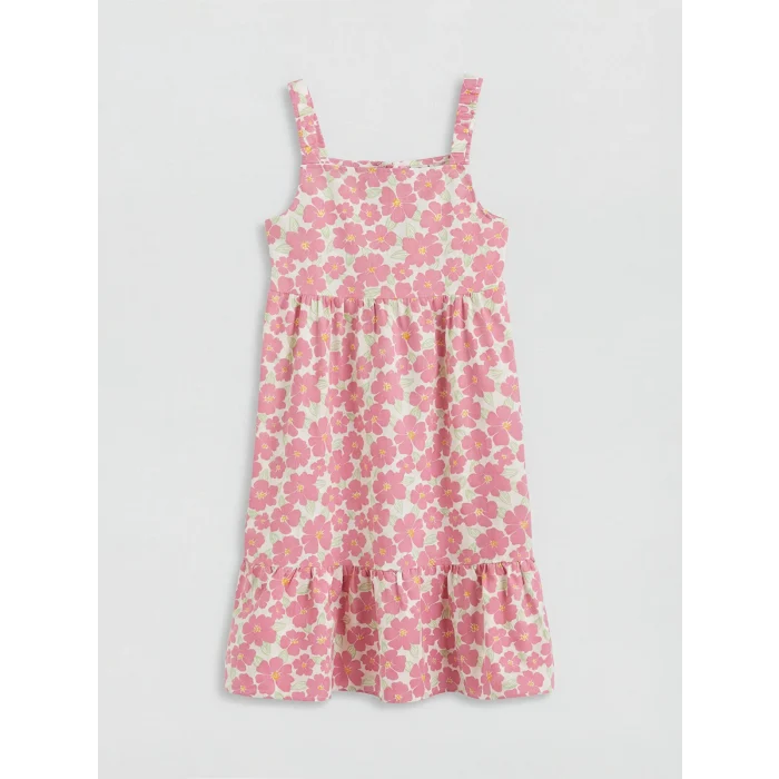 LCW Kids Pembe Kare Yaka Çiçekli Kız Çocuk Poplin Elbise