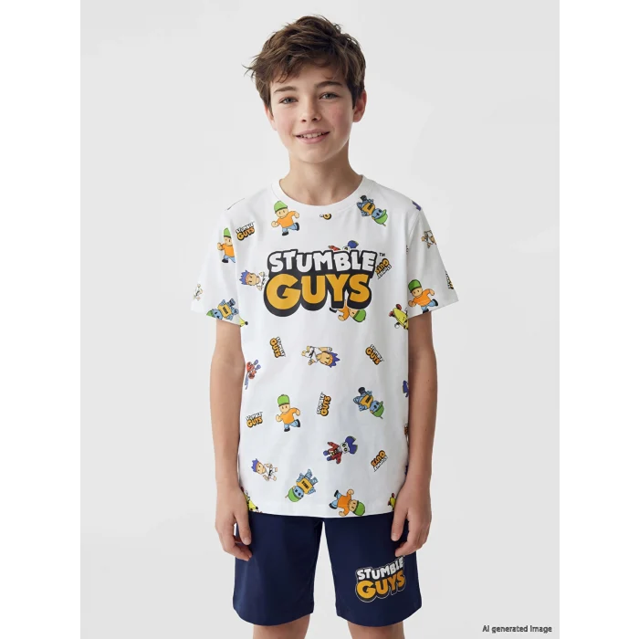 LCW Kids Beyaz Stumble Guys Baskılı Erkek Çocuk Şortlu Pijama Takımı