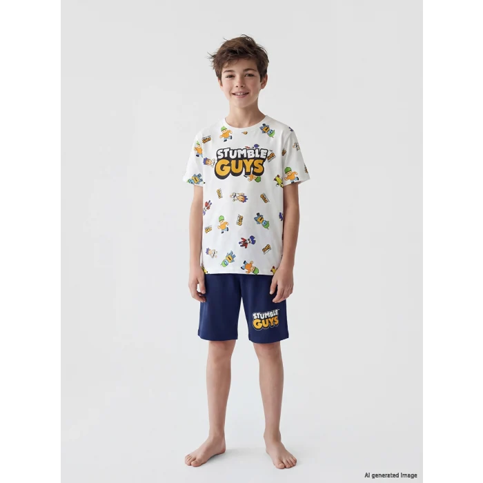 LCW Kids Beyaz Stumble Guys Baskılı Erkek Çocuk Şortlu Pijama Takımı