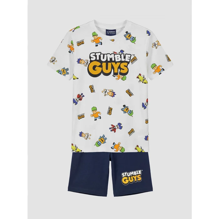 LCW Kids Beyaz Stumble Guys Baskılı Erkek Çocuk Şortlu Pijama Takımı
