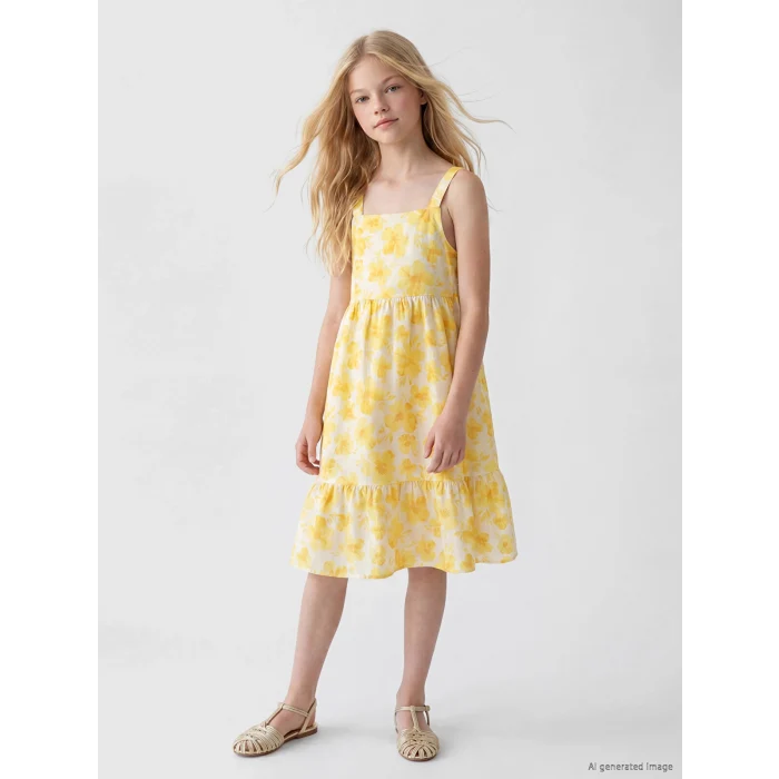 LCW Kids Sarı Kare Yaka Çiçekli Kız Çocuk Poplin Elbise
