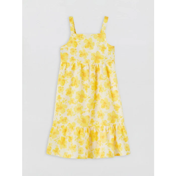 LCW Kids Sarı Kare Yaka Çiçekli Kız Çocuk Poplin Elbise
