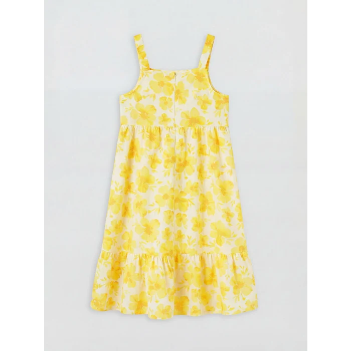 LCW Kids Sarı Kare Yaka Çiçekli Kız Çocuk Poplin Elbise