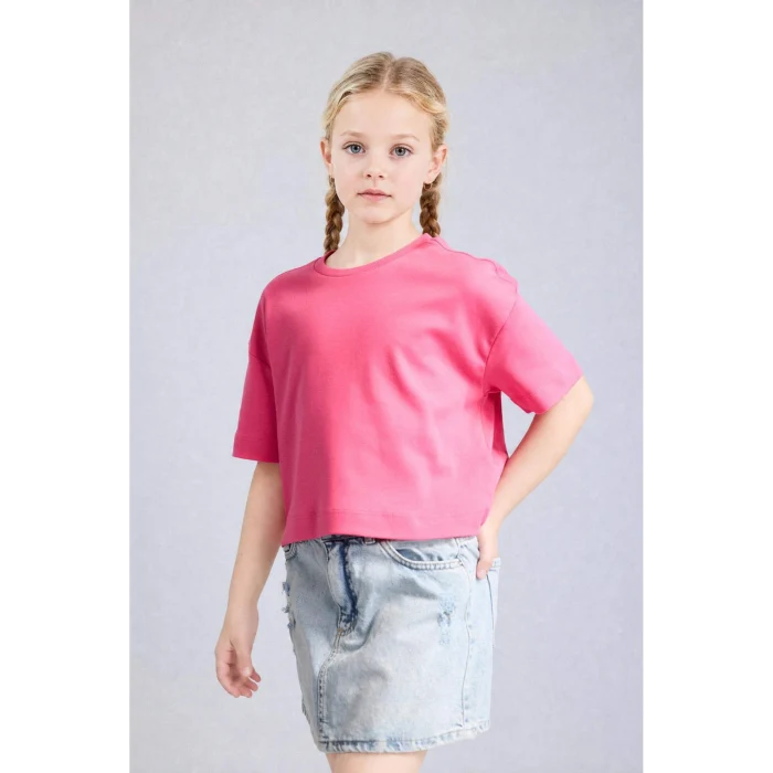 Defacto H7237A8PN201 Pembe %100 Pamuk Bisiklet Yaka Kısa Kollu Basic Tişört Kız Çocuk