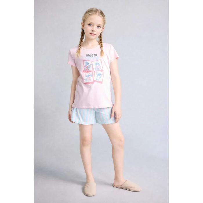 Defacto H8491A8PN645 Pembe %100 Pamuk Dısney Lılo & Stıtch Relax Fıt Şort Tişört 2li Pijama Takımı Kız Çocuk