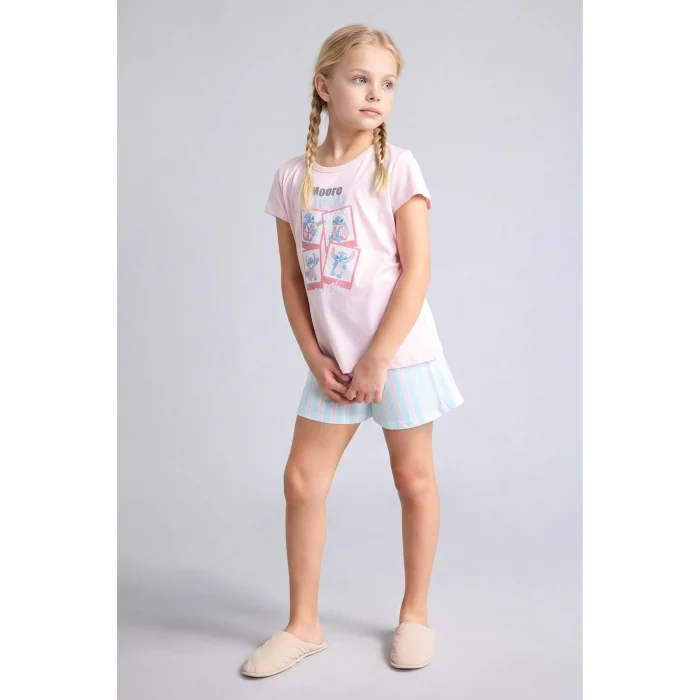 Defacto H8491A8PN645 Pembe %100 Pamuk Dısney Lılo & Stıtch Relax Fıt Şort Tişört 2li Pijama Takımı Kız Çocuk