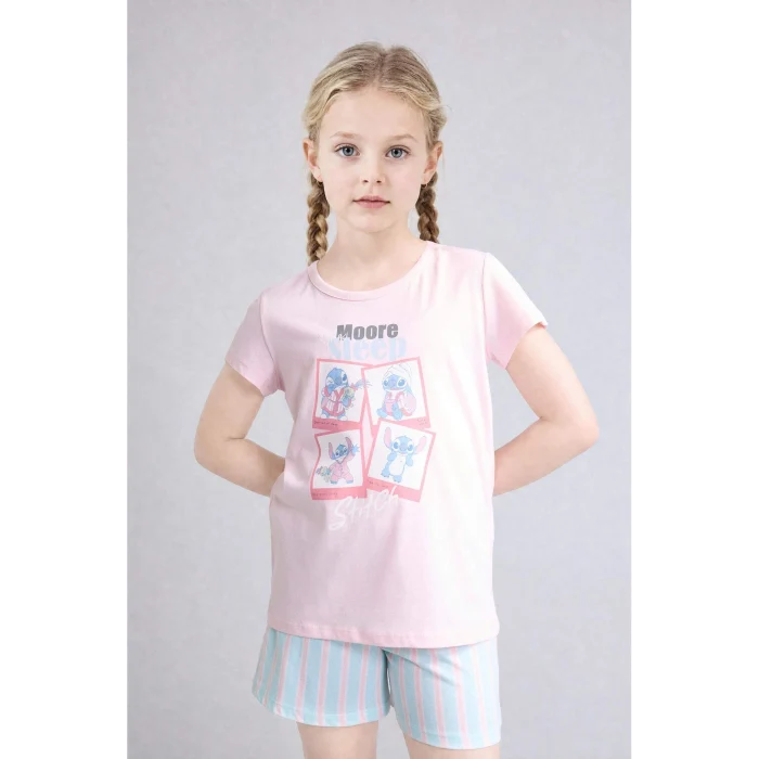 Defacto H8491A8PN645 Pembe %100 Pamuk Dısney Lılo & Stıtch Relax Fıt Şort Tişört 2li Pijama Takımı Kız Çocuk