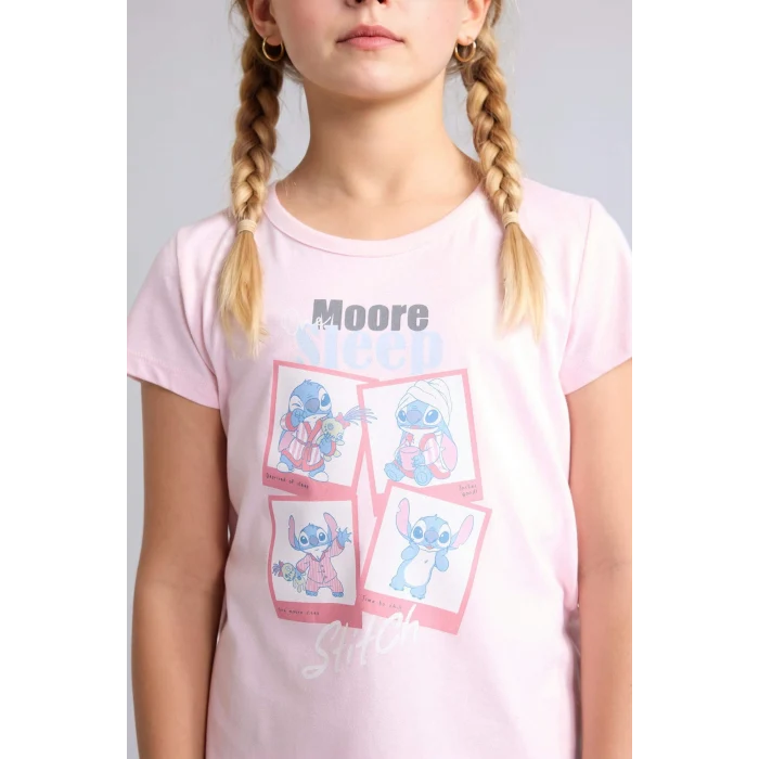 Defacto H8491A8PN645 Pembe %100 Pamuk Dısney Lılo & Stıtch Relax Fıt Şort Tişört 2li Pijama Takımı Kız Çocuk
