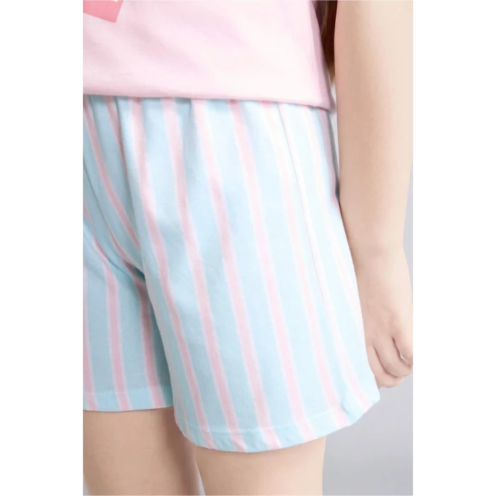 Defacto H8491A8PN645 Pembe %100 Pamuk Dısney Lılo & Stıtch Relax Fıt Şort Tişört 2li Pijama Takımı Kız Çocuk