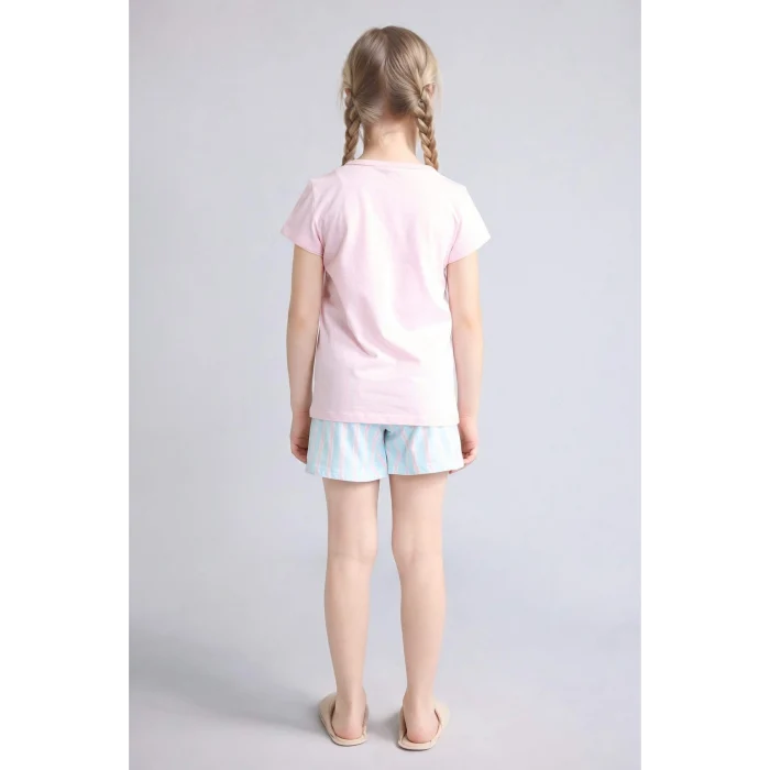 Defacto H8491A8PN645 Pembe %100 Pamuk Dısney Lılo & Stıtch Relax Fıt Şort Tişört 2li Pijama Takımı Kız Çocuk