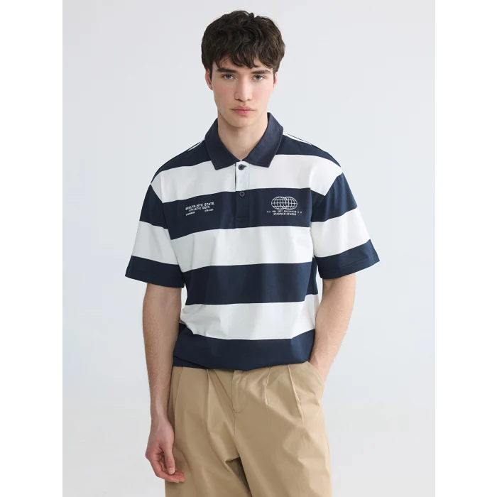 XSIDE Lacivert Polo Yaka Çizgili Penye Erkek Tişört