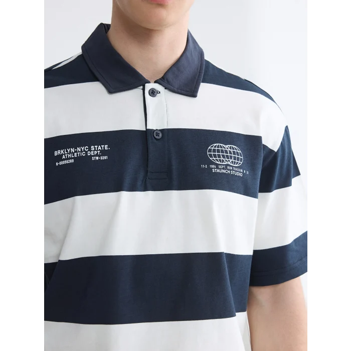 XSIDE Lacivert Polo Yaka Çizgili Penye Erkek Tişört