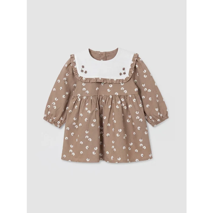 LCW baby Kahverengi Bebe Yaka Çiçekli Kız Bebek Gabardin Elbise