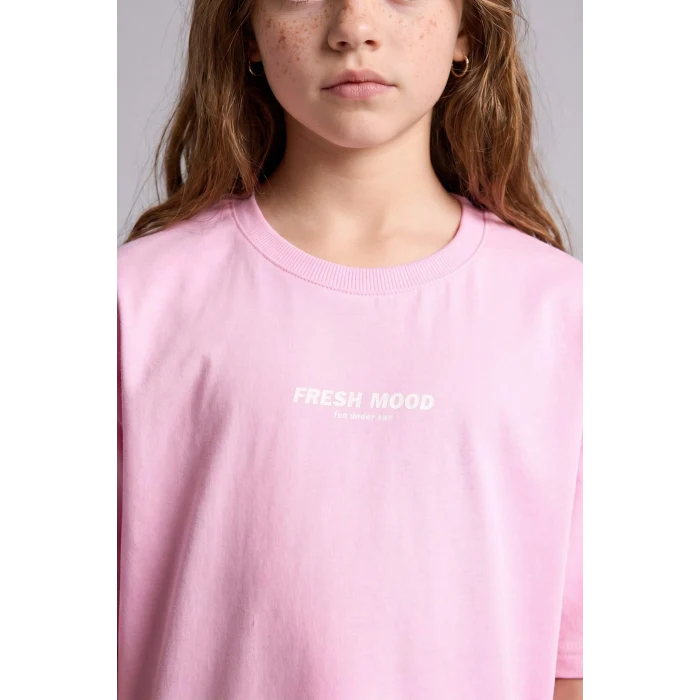 Defacto H6138A8PN666 Pembe Bisiklet Yaka Baskılı Kısa Kollu Pembe Tişört Kız Çocuk