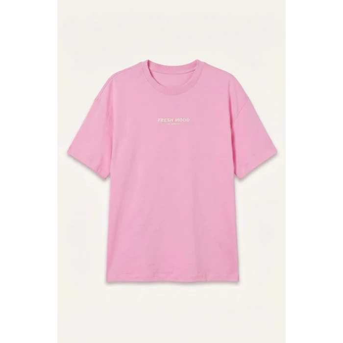 Defacto H6138A8PN666 Pembe Bisiklet Yaka Baskılı Kısa Kollu Pembe Tişört Kız Çocuk