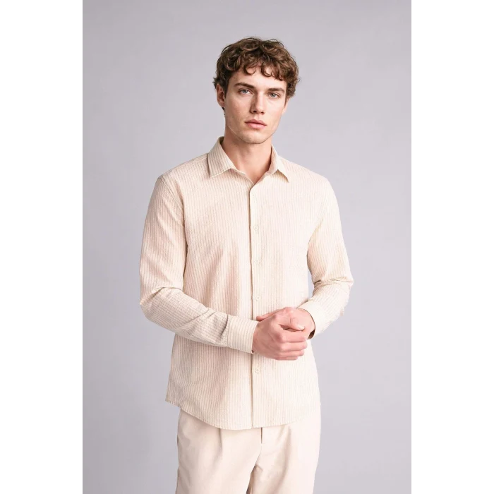 Defacto G7410AXER235 Ekru Modern Fıt Çizgili Twill Uzun Kollu Gömlek