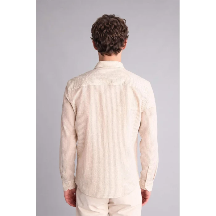 Defacto G7410AXER235 Ekru Modern Fıt Çizgili Twill Uzun Kollu Gömlek